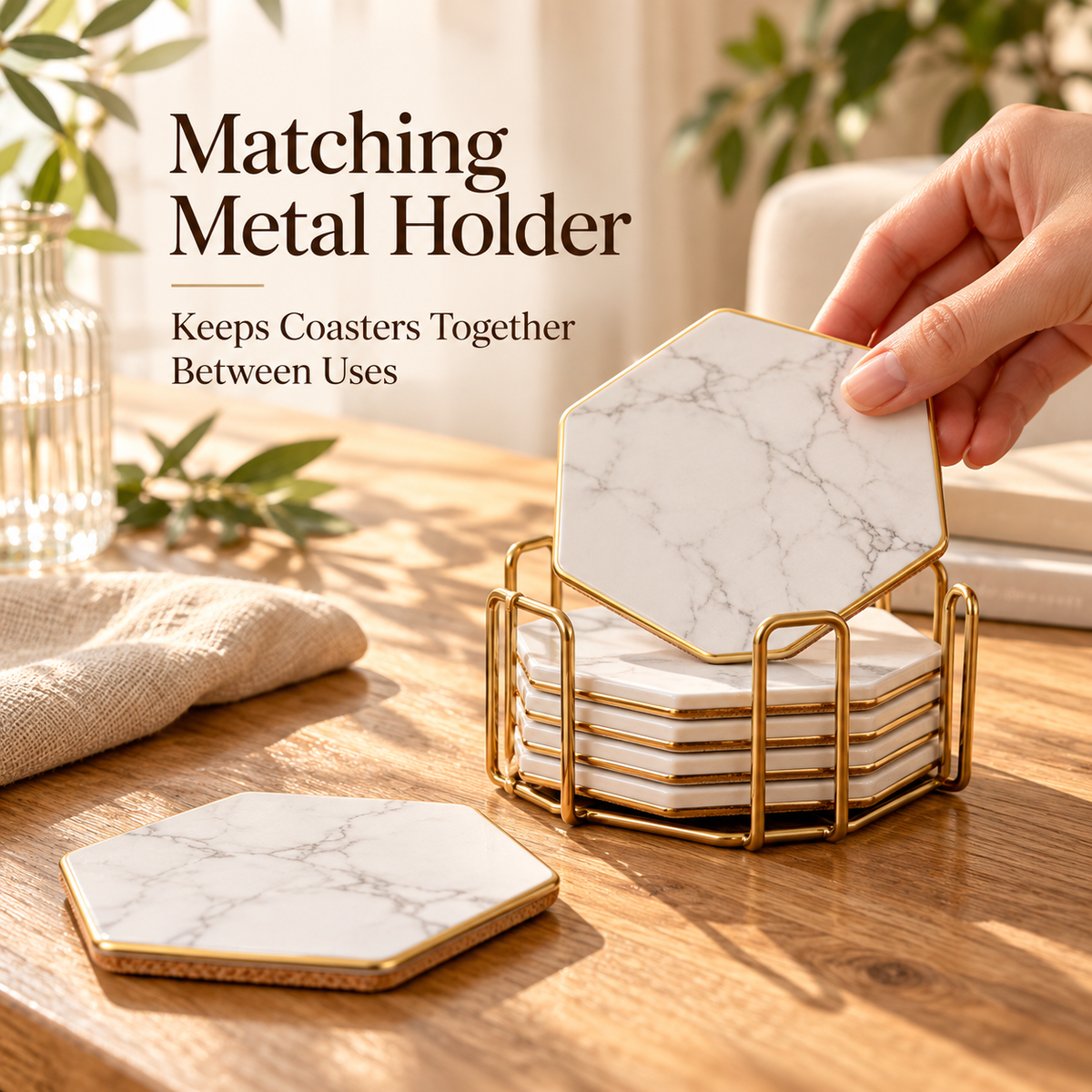 Hexagonal Marble-Effect Ceramic Coasters