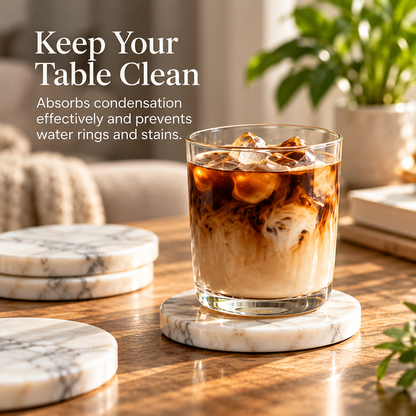 Natural Marble Coasters with Non-Slip Cork Backing &amp; Gold Holder