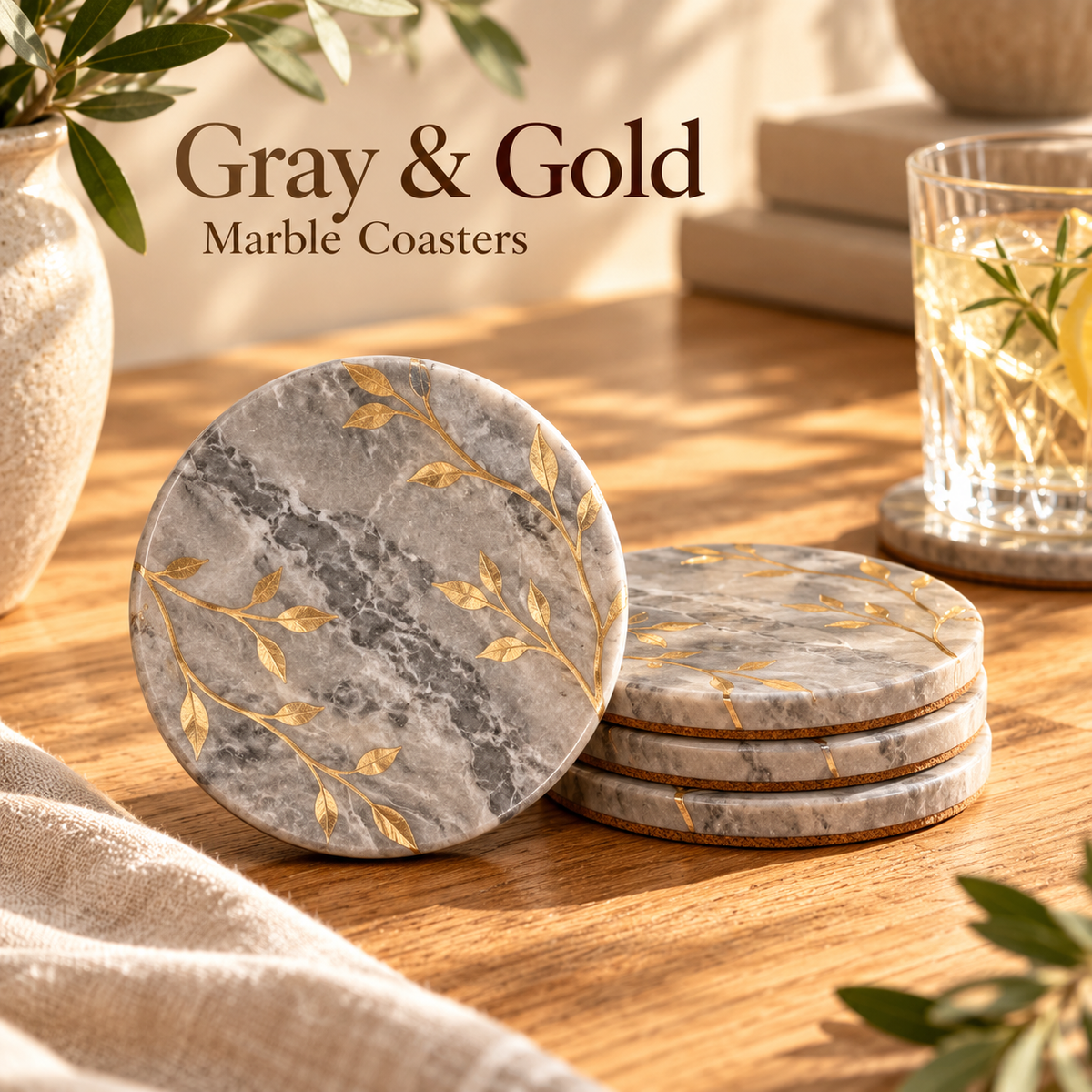 Gray Marble Botanical Coasters with Gold Leaf Design &amp; Cork Backing