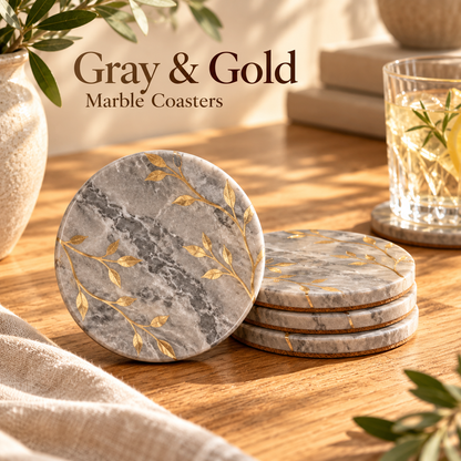 Gray Marble Botanical Coasters with Gold Leaf Design &amp; Cork Backing