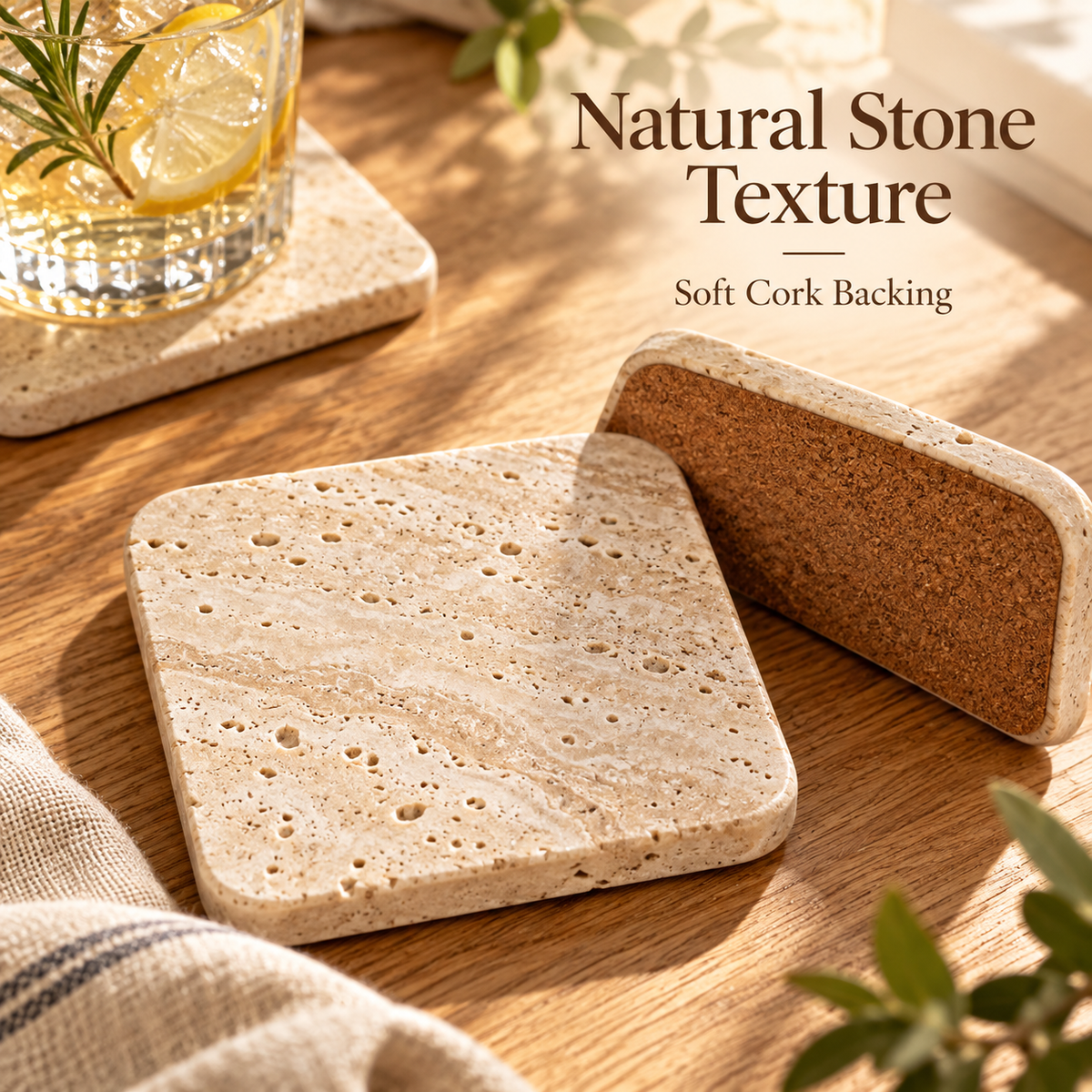 Natural Travertine Stone Coasters with Cork Backing