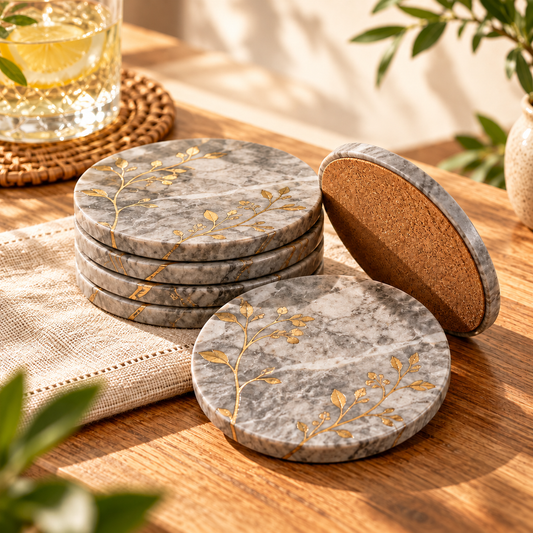 Gray Marble Botanical Coasters with Gold Leaf Design &amp; Cork Backing