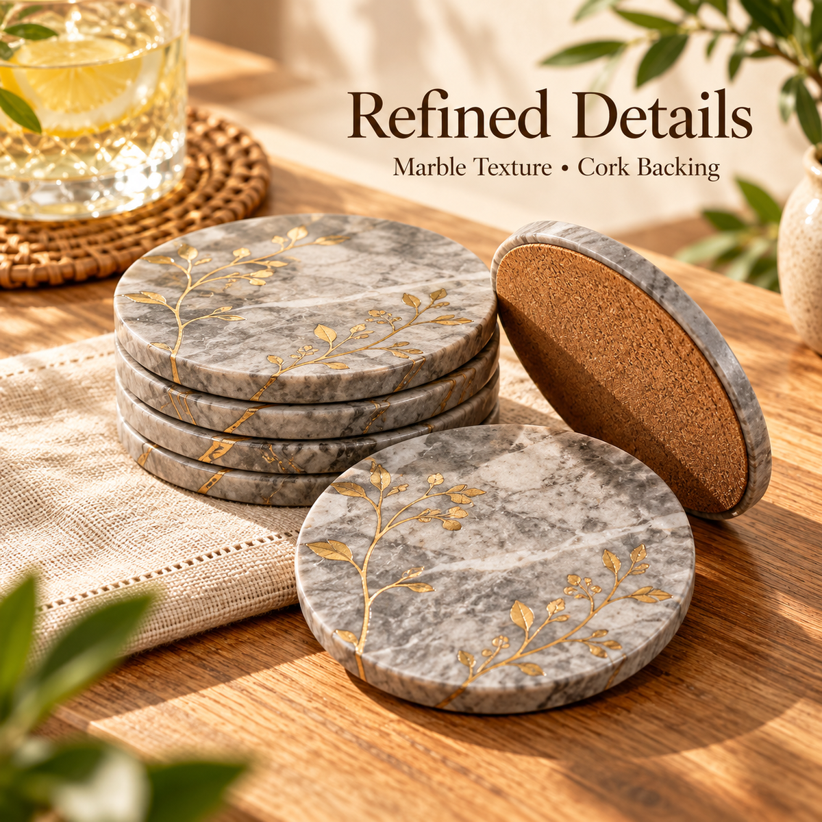 Gray Marble Botanical Coasters with Gold Leaf Design &amp; Cork Backing