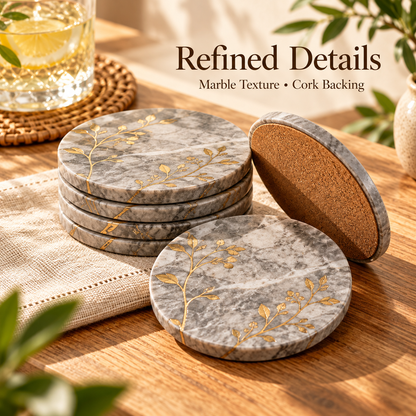 Gray Marble Botanical Coasters with Gold Leaf Design &amp; Cork Backing