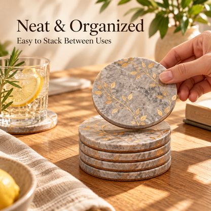 Gray Marble Botanical Coasters with Gold Leaf Design &amp; Cork Backing