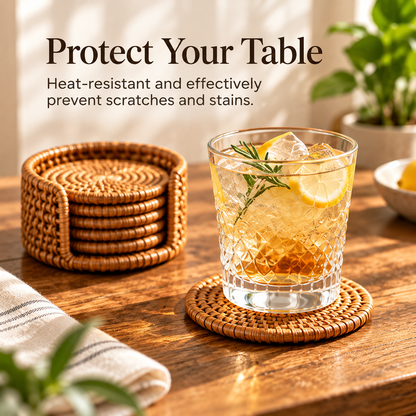 Natural Handwoven Rattan Coasters with Storage Holder