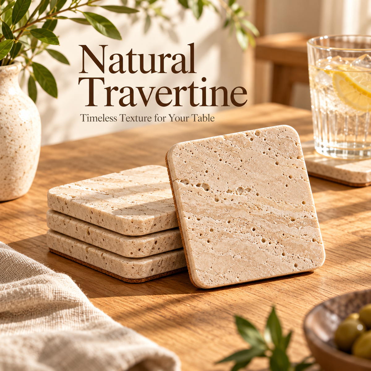 Natural Travertine Stone Coasters with Cork Backing
