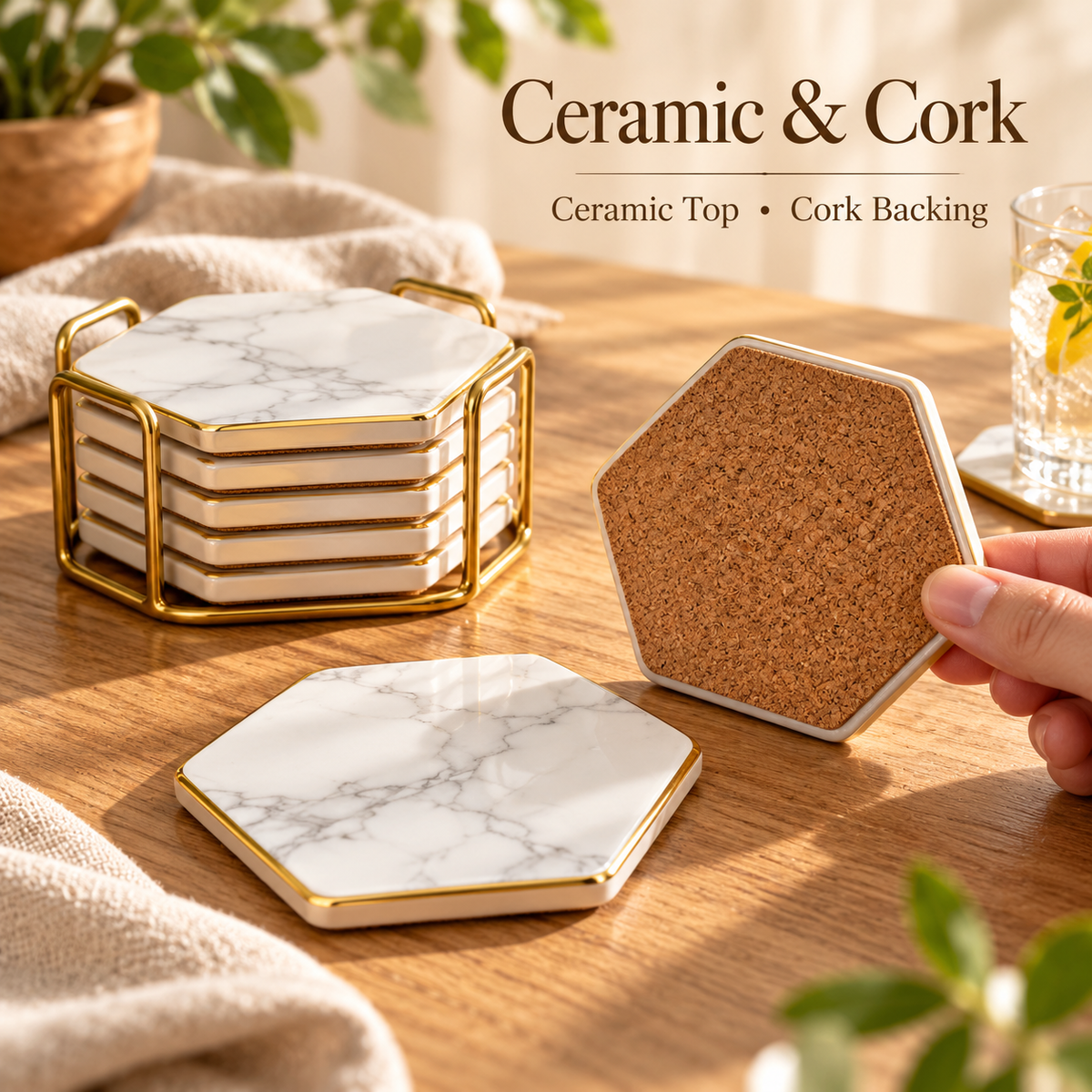 Hexagonal Marble-Effect Ceramic Coasters