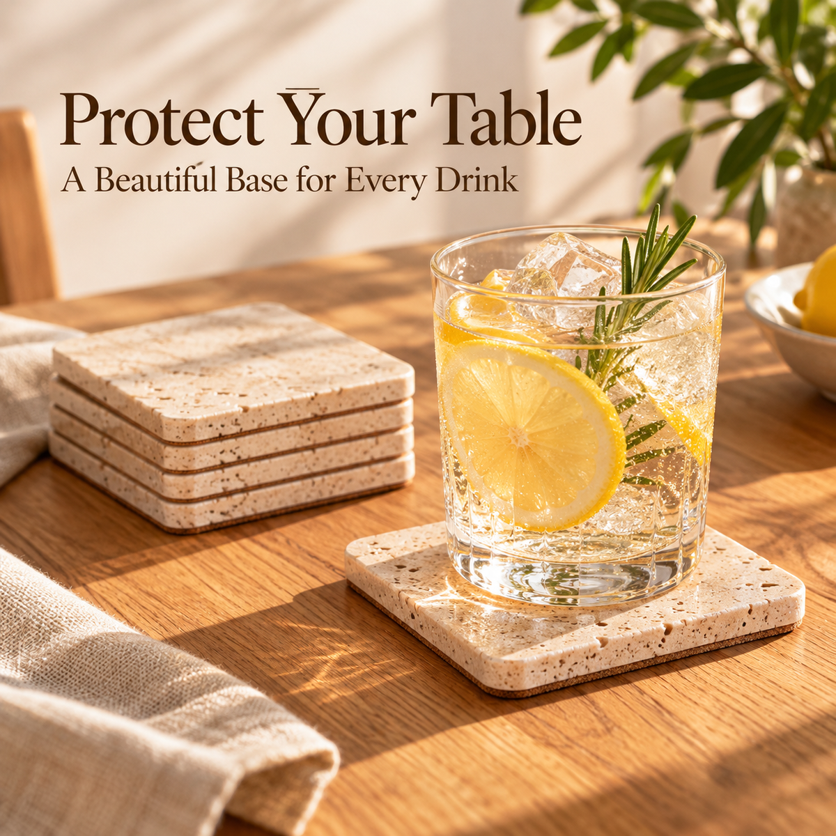 Natural Travertine Stone Coasters with Cork Backing