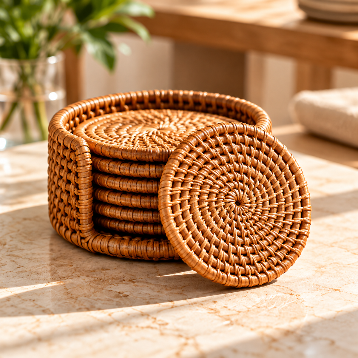Natural Handwoven Rattan Coasters with Storage Holder