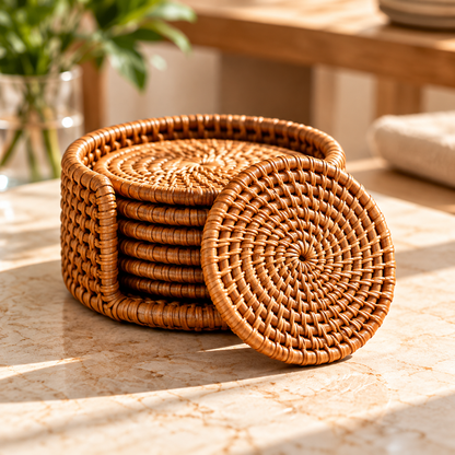 Natural Handwoven Rattan Coasters with Storage Holder