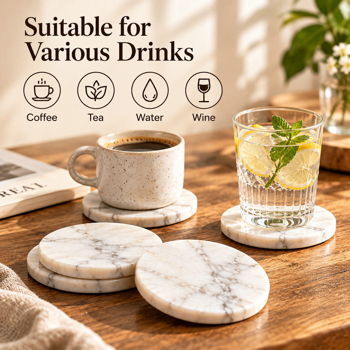 Natural Marble Coasters with Non-Slip Cork Backing &amp; Gold Holder