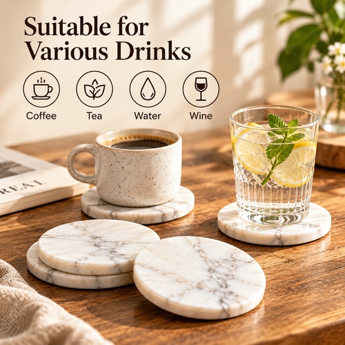 Natural Marble Coasters with Non-Slip Cork Backing &amp; Gold Holder