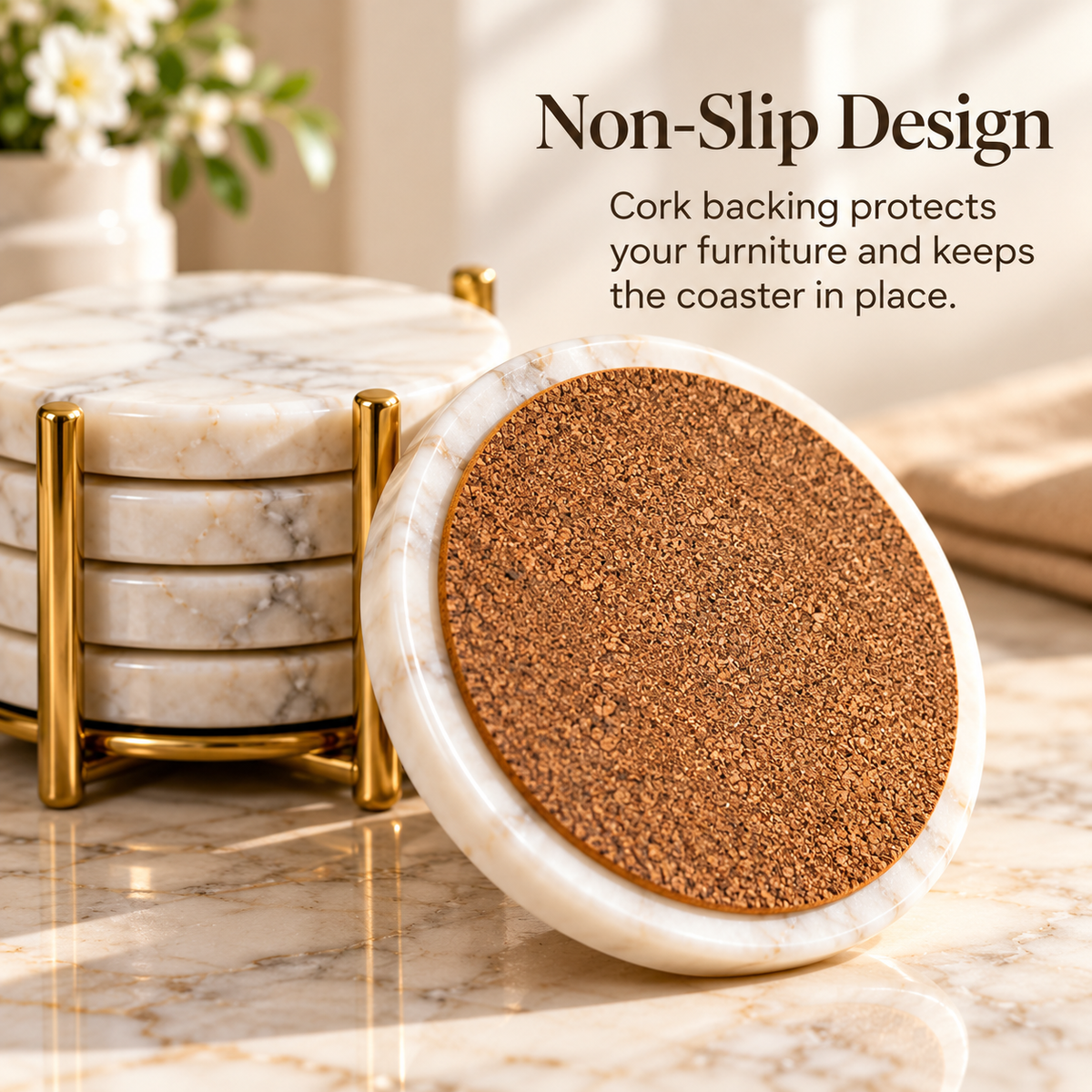 Natural Marble Coasters with Non-Slip Cork Backing &amp; Gold Holder