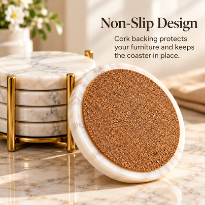 Natural Marble Coasters with Non-Slip Cork Backing &amp; Gold Holder