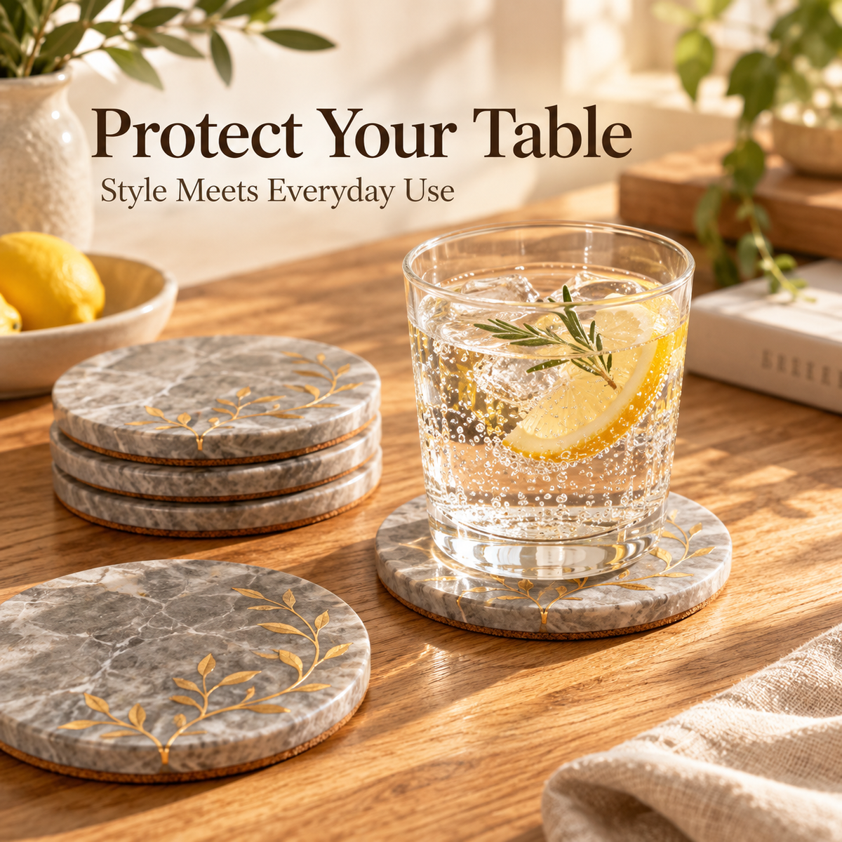 Gray Marble Botanical Coasters with Gold Leaf Design &amp; Cork Backing