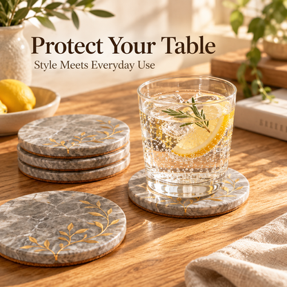 Gray Marble Botanical Coasters with Gold Leaf Design &amp; Cork Backing