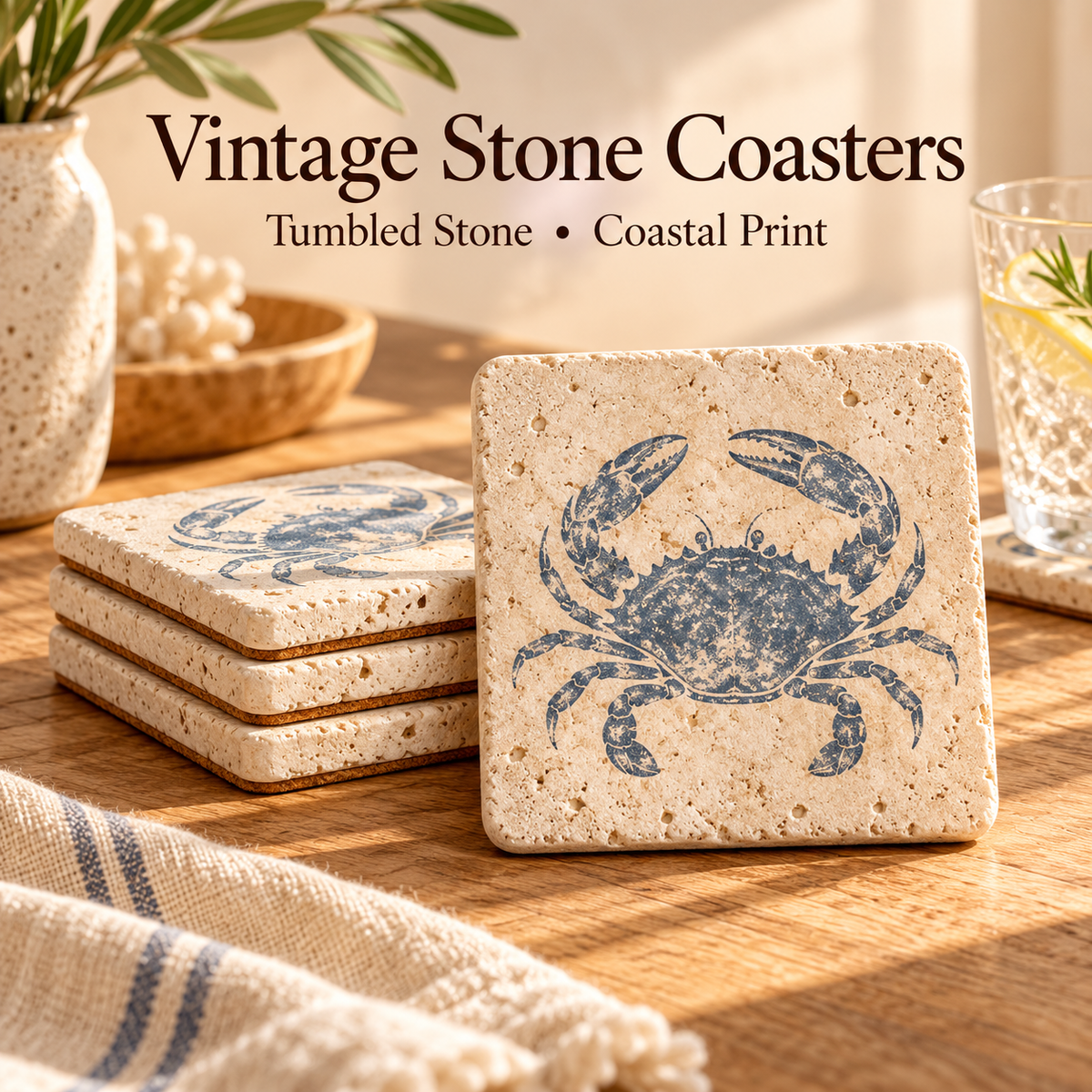 Vintage Coastal Crab Print Tumbled Stone Coasters