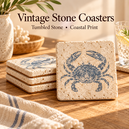 Vintage Coastal Crab Print Tumbled Stone Coasters