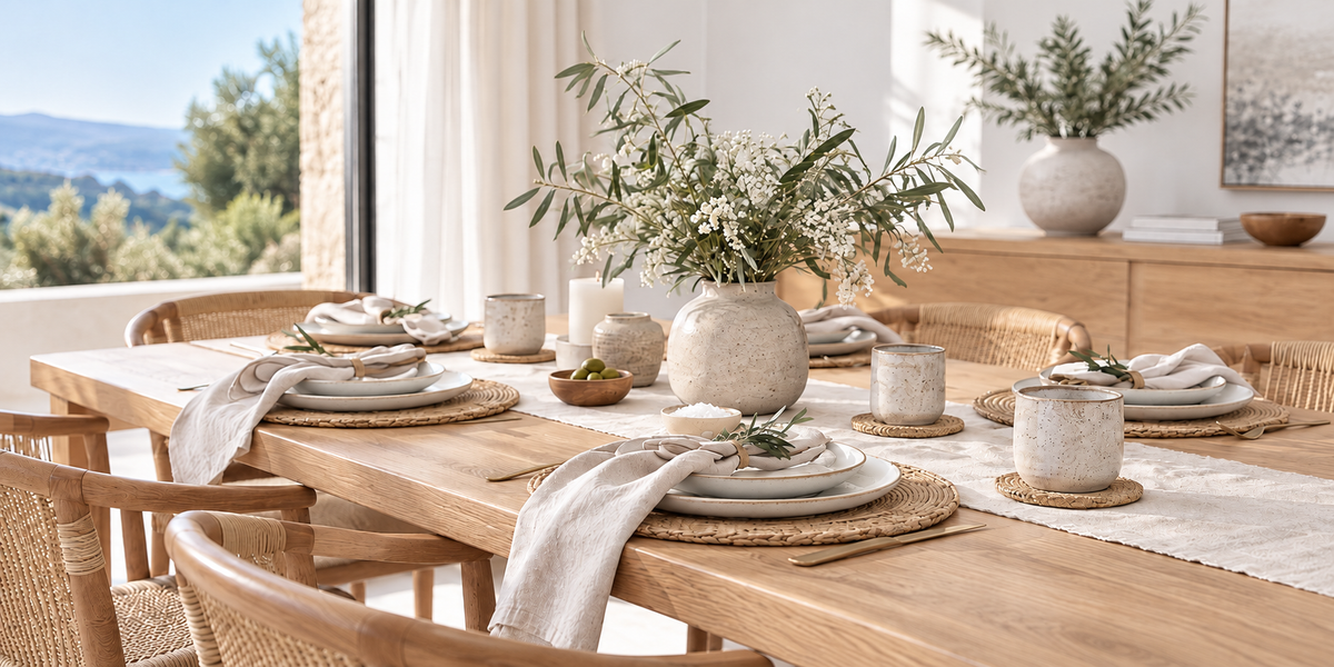 Sunlit table styled with natural materials