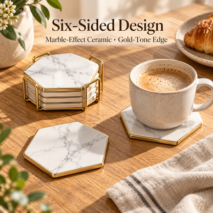Hexagonal Marble-Effect Ceramic Coasters