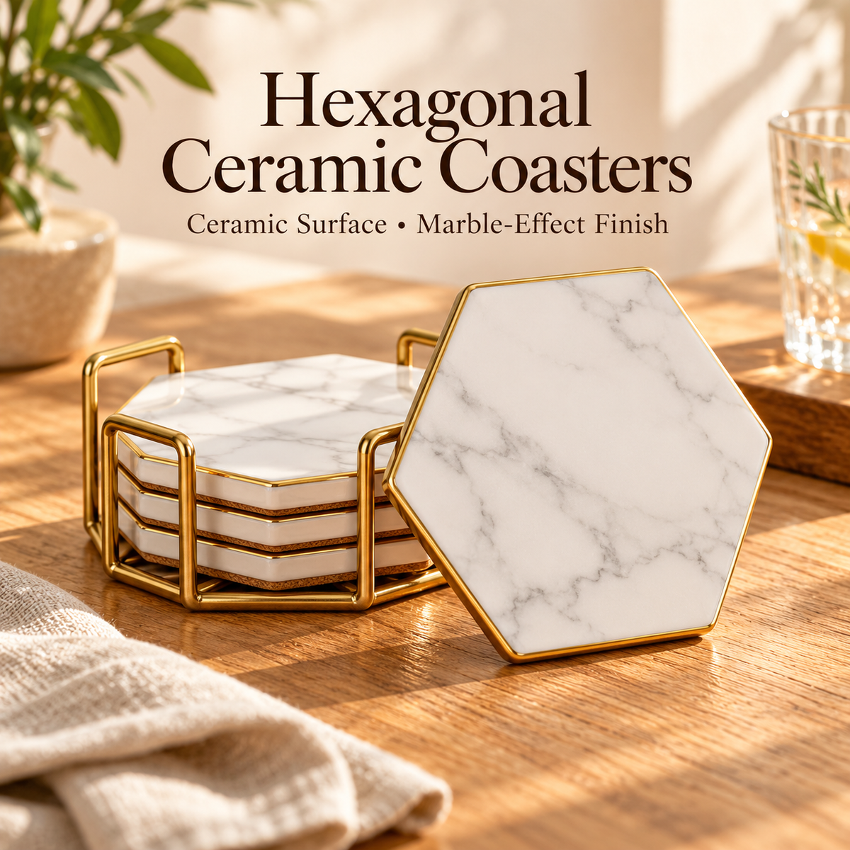 Hexagonal Marble-Effect Ceramic Coasters