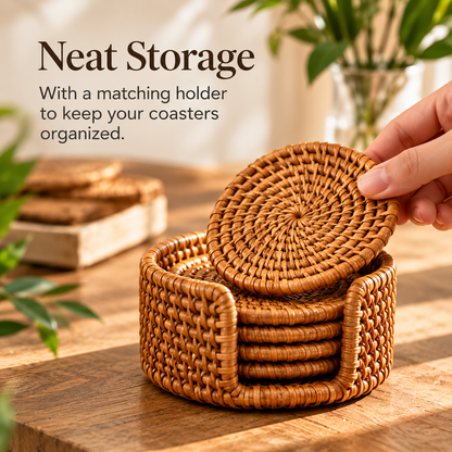 Natural Handwoven Rattan Coasters with Storage Holder