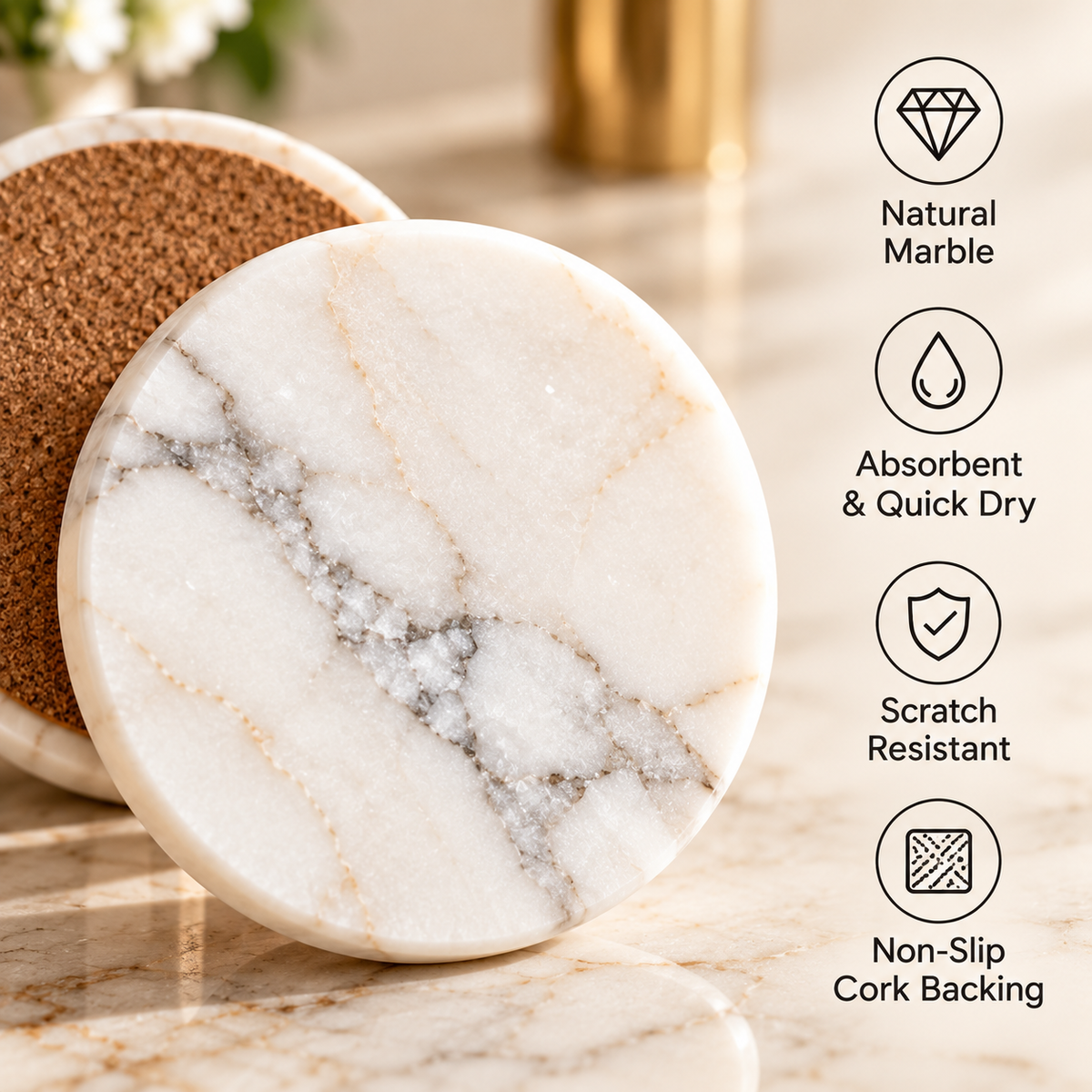 Natural Marble Coasters with Non-Slip Cork Backing &amp; Gold Holder