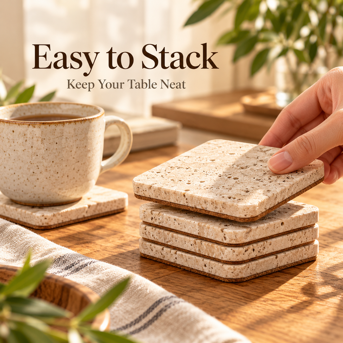 Natural Travertine Stone Coasters with Cork Backing