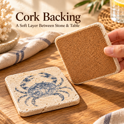Vintage Coastal Crab Print Tumbled Stone Coasters