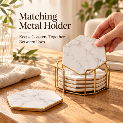 Hexagonal Marble-Effect Ceramic Coasters