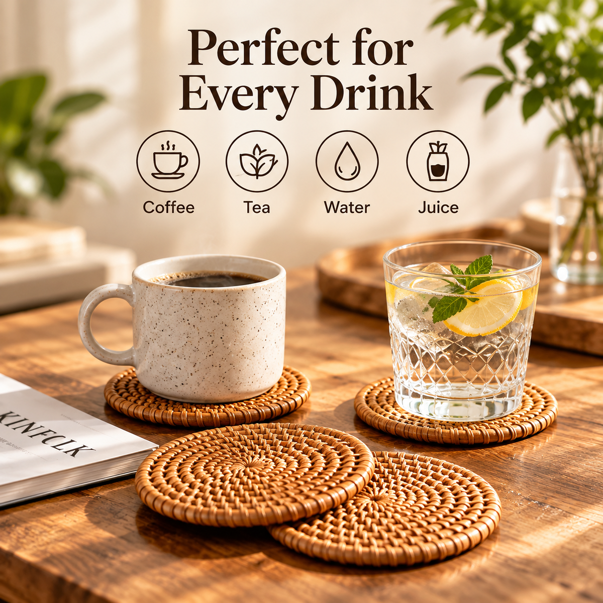 Natural Handwoven Rattan Coasters with Storage Holder