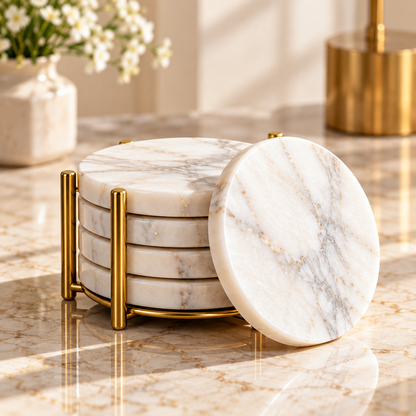 Natural Marble Coasters with Non-Slip Cork Backing &amp; Gold Holder
